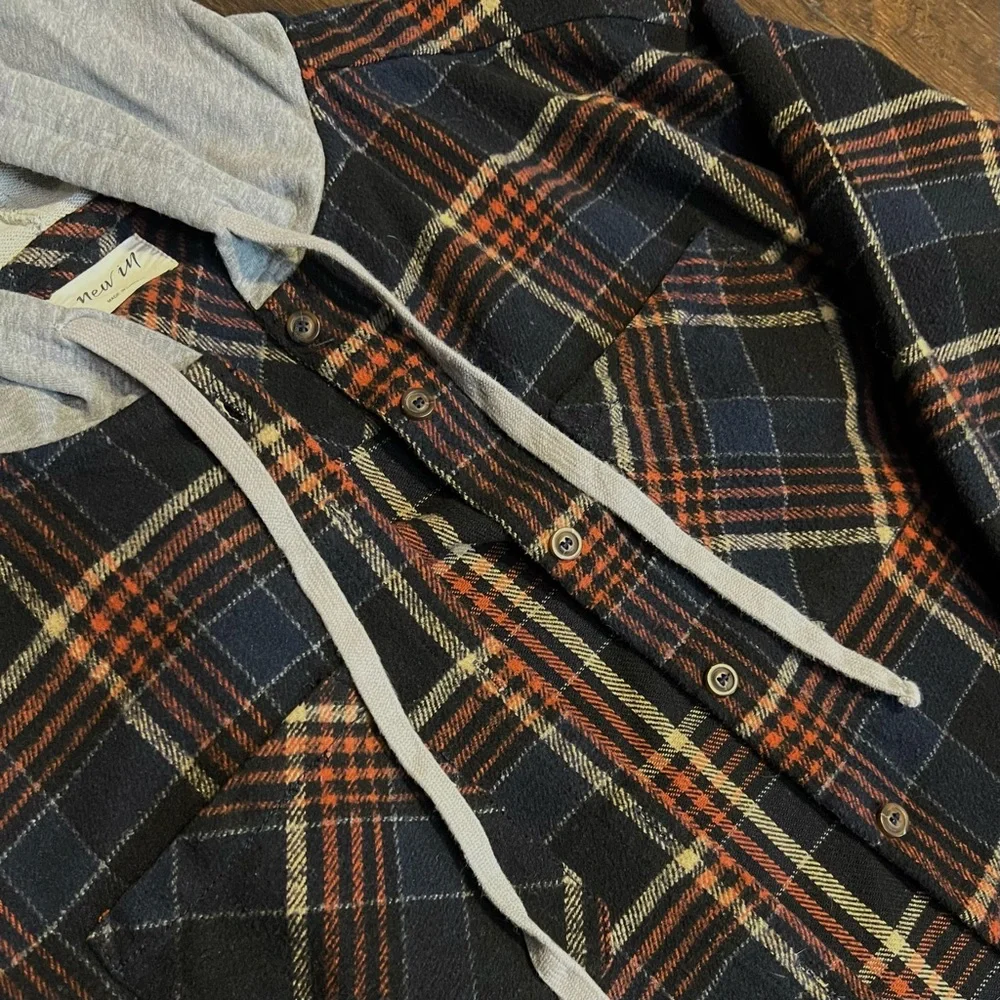 New In Hooded Plaid Button Up Shirt Jacket